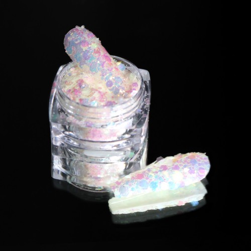 Komilfo photochromic sequins MIX-004, mix sizes, (milky/violet photochrome), 2.5 g