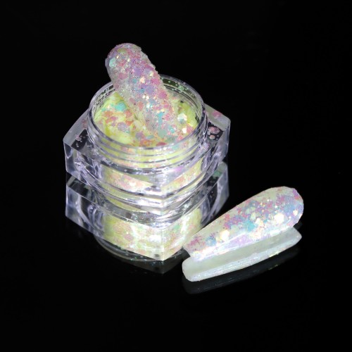 Komilfo photochromic sequins MIX-005, mix sizes, (yellow/green photochrome), 2.5 g