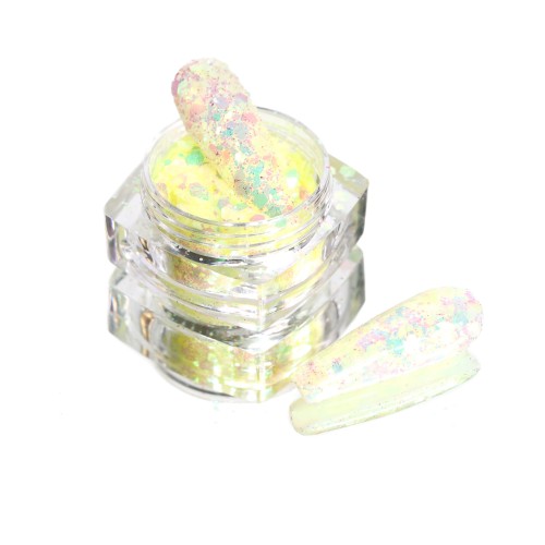 Komilfo photochromic sequins MIX-005, mix sizes, (yellow/green photochrome), 2.5 g